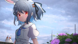 Rule 34 | 1girl, :o, ame., animal ear fluff, animal ears, black ribbon, blue hair, blush, cloud, cloudy sky, commentary request, day, dress, flower, hair between eyes, hair ribbon, highres, hololive, hydrangea, looking at viewer, outdoors, parted lips, pekomon (usada pekora), pink flower, puffy short sleeves, puffy sleeves, rabbit ears, red eyes, ribbon, sailor collar, sailor dress, short eyebrows, short sleeves, sky, solo focus, thick eyebrows, two side up, upper body, usada pekora, usada pekora (casual), virtual youtuber, white dress, white sailor collar