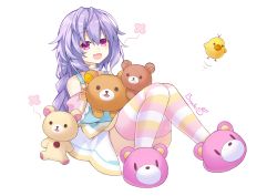 Rule 34 | 1girl, bare shoulders, binato lulu, blush, blush stickers, bow, braid, commission, hair between eyes, hair bow, kami jigen game neptune v, light purple hair, long sleeves, looking at viewer, neptune (series), open mouth, pink eyes, pururut, sitting, slippers, smile, solo, striped clothes, striped thighhighs, stuffed animal, stuffed toy, teddy bear, thighhighs, wide sleeves