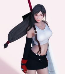 Rule 34 | 1girl, 3d, artist request, bare shoulders, black hair, black skirt, breasts, buster sword, cowboy shot, crescent, crescent earrings, crescent moon, crop top, detached sleeves, earrings, final fantasy, final fantasy vii, final fantasy vii remake, fingerless gloves, gloves, highres, jewelry, large breasts, long hair, low-tied long hair, midriff, miniskirt, moon, navel, raidenwgt, red eyes, red gloves, red lips, skirt, solo, square enix, suspender skirt, suspenders, tank top, tifa lockhart, weapon, weapon on back, white tank top
