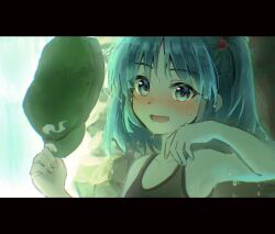 Rule 34 | 1girl, armpits, black tank top, blue eyes, blue hair, blush, bo cota, eyes visible through hair, flat cap, green hat, hair bobbles, hair ornament, hat, highres, holding, holding clothes, holding hat, kawashiro nitori, looking at viewer, medium hair, nose blush, smile, solo, sweat, tank top, touhou, two side up, unworn hat, unworn headwear, upper body, wiping face, wiping sweat