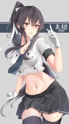 Rule 34 | 1girl, black hair, black skirt, black thighhighs, breasts, brown eyes, commentary request, cowboy shot, gloves, hair between eyes, high ponytail, highres, jenson tw, kantai collection, long hair, midriff, miniskirt, navel, pleated skirt, ponytail, revision, shirt, short sleeves, sidelocks, skirt, small breasts, solo, standing, thighhighs, white gloves, white shirt, yahagi (kancolle), yahagi kai ni (kancolle), zettai ryouiki