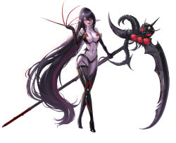 Rule 34 | 1girl, absurdly long hair, absurdres, black hair, boots, breasts, colored skin, crossed legs, demon, demon girl, dungeon and fighter, elbow gloves, fangs, fingernails, full body, garter straps, gloves, high heel boots, high heels, highres, holding, holding scythe, large breasts, long fingernails, long hair, looking at viewer, navel, pointy ears, ponytail, purple skin, red eyes, revealing clothes, scythe, semicolon9991, sharp fingernails, solo, standing, thigh boots, tongue, tongue out, very long hair, watson cross, white background