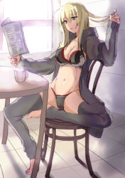 Rule 34 | 10s, 1girl, armadillo-tokage, bismarck (kancolle), black thighhighs, blonde hair, blue eyes, bra, breasts, cleavage, full body, kantai collection, long hair, midriff, newspaper, open clothes, open shirt, panties, parted lips, reading, shirt, sitting, solo, spread legs, stomach, table, thighhighs, tile floor, tiles, underwear