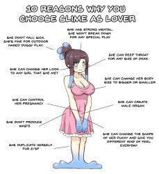 Rule 34 | 1girl, absurdres, bare shoulders, blue hair, blush, breasts, brown hair, censored, censored text, cleavage, diagram, dress, english text, engrish text, greenteaneko, highres, large breasts, long hair, looking at viewer, monster girl, multicolored hair, original, pink dress, pointy ears, ponytail, ranguage, slime girl, smile, solo, text focus