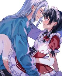 Rule 34 | 2girls, black hair, black pants, blue eyes, blue jacket, blunt bangs, blush, braid, character name, clothes writing, corset, cross-laced clothes, dress, frilled sleeves, frills, grey hair, highres, higuchi kaede, higuchi kaede (9th costume), jacket, lace, lace-trimmed legwear, lace trim, long hair, looking at another, maid, maid headdress, medium hair, mole, mole under eye, multiple girls, nijisanji, pants, parted lips, purple eyes, red corset, sidelocks, simple background, smile, straddling, sweat, thighhighs, tsukino mito, tsukino mito (9th costume), twin braids, virtual youtuber, white background, white dress, white thighhighs, wrist cuffs, ya ka n, yuri