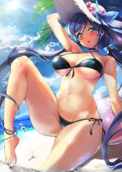 Rule 34 | 1girl, arm support, armpits, ball, bare legs, beach, beachball, bikini, black bikini, blue nails, blue sky, blush, breasts, cloud, covered erect nipples, criss-cross halter, day, deeple, front-tie bikini top, front-tie top, green eyes, halterneck, hat, hat ribbon, highres, knee up, large breasts, long hair, looking at viewer, love live!, love live! school idol festival, love live! school idol project, low twintails, md5 mismatch, nail polish, navel, ocean, open mouth, outdoors, palm tree, purple hair, resolution mismatch, ribbon, sand, shiny skin, side-tie bikini bottom, sidelocks, sitting, skindentation, sky, solo, source smaller, stomach, sun, sun hat, sunlight, swimsuit, tareme, thighs, toenail polish, toenails, tojo nozomi, tree, twintails, water drop, white hat