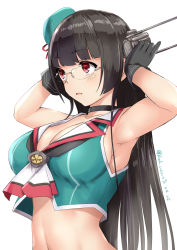 Rule 34 | 1girl, aqua hat, arms up, beret, black gloves, black hair, breasts, choukai (kancolle), choukai kai ni (kancolle), cleavage, glasses, gloves, hair ornament, hat, headgear, highres, kantai collection, kuromayu, large breasts, long hair, midriff, red eyes, rimless eyewear, simple background, solo, white background
