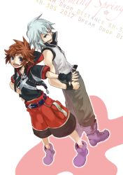 Rule 34 | 2boys, blue eyes, boots, brown hair, fang, fingerless gloves, gloves, jewelry, kingdom hearts, male focus, meka (totto18), multiple boys, necklace, riku (kingdom hearts), short hair, silver hair, sora (kingdom hearts), spoilers, wristband