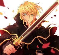 Rule 34 | 1boy, ares (fire emblem), blonde hair, cape, european clothes, fire emblem, fire emblem: genealogy of the holy war, flower, green eyes, looking at viewer, male focus, nintendo, petals, rose, rose petals, setoda (llgo), short hair, solo, solo focus, sword, weapon