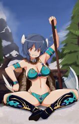 Rule 34 | 1girl, absurdres, armor, armpits, axe, barbarian, bikini, bikini armor, blue hair, blush, breasts, cow girl, cow horns, cow tail, grin, highres, horns, jashin-chan dropkick, large breasts, looking at viewer, minos (jashin-chan dropkick), navel, outdoors, red eyes, short hair, sky, smile, solo, spread legs, swimsuit, tail, tree