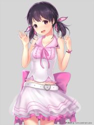 Rule 34 | 1girl, :d, akiyama minaki, black eyes, black hair, clenched hand, collarbone, hair ribbon, ilog, looking at viewer, occhan (11715), official art, open mouth, ribbon, smile, solo, twintails, waving