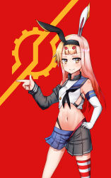 Rule 34 | 1girl, animal ears, azur lane, black jacket, black neckerchief, black panties, black skirt, blonde hair, blue sailor collar, blue skirt, breasts, crossover, elbow gloves, fusion, gloves, hairband, hand on own hip, highleg, highleg panties, highres, historical name connection, jacket, kamen rider, kamen rider build (series), kantai collection, long hair, midriff, multicolored hair, name connection, navel, neckerchief, panties, pink hair, pleated skirt, rabbit ears, sailor collar, shimakaze (azur lane), shimakaze (kancolle), simple background, single elbow glove, single thighhigh, skirt, sleeveless, small breasts, smile, solo, striped clothes, striped thighhighs, sugamo (rainysnowy108), thighhighs, underwear, white gloves