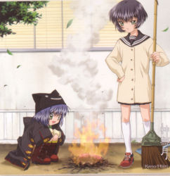 Rule 34 | 00s, 2girls, air (visual novel), broom, fire, hand on own hip, multiple girls, outdoors, smoke, squatting