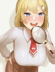 Rule 34 | 1girl, blonde hair, blue eyes, breasts, brown skirt, collared shirt, commentary, detective, english commentary, hair ornament, hand on own hip, highres, holding, holding magnifying glass, hololive, hololive english, kirinkirin, large breasts, leaning forward, long sleeves, looking at viewer, magnifying glass, mustache print, necktie, open mouth, print necktie, red necktie, round teeth, shirt, short necktie, skirt, smile, solo, teeth, upper teeth only, virtual youtuber, watson amelia, white shirt