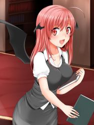 Rule 34 | 1girl, blush, book, breasts, cowboy shot, female focus, head wings, highres, holding, holding book, koakuma, large breasts, long hair, looking at viewer, miki purasu, red eyes, red hair, solo, sweat, touhou, wings