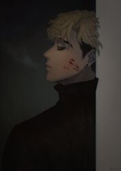 Rule 34 | 1boy, blonde hair, blood, blood on face, dico521, expressionless, half-closed eyes, highres, killing stalking, leaning back, male focus, oh sangwoo, portrait, short hair, solo, sweater, turtleneck, turtleneck sweater, undercut