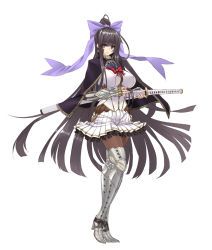 Rule 34 | 1girl, armor, armored boots, black hair, boots, bow, bowtie, breasts, capelet, commentary, full body, gauntlets, hair bow, halberd, hayama kazusa, highres, holding, holding weapon, katana, large breasts, long hair, looking at viewer, original, panties, pantyhose, pleated skirt, polearm, ponytail, simple background, skirt, smile, solo, standing, sword, thigh boots, thighhighs, underwear, very long hair, weapon, white background