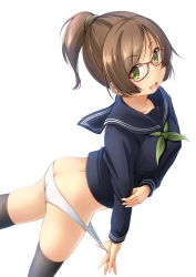 Rule 34 | 1girl, :d, ass, black sailor collar, black serafuku, black shirt, black thighhighs, blush, breasts, brown hair, collarbone, commentary request, glasses, green eyes, green neckerchief, highres, long hair, long sleeves, neckerchief, no pants, open mouth, original, panties, panty pull, ponytail, red-framed eyewear, sailor collar, school uniform, serafuku, shibacha, shirt, sidelocks, simple background, small breasts, smile, solo, thighhighs, underwear, white background, white panties