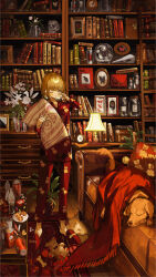 Rule 34 | 1boy, animal print, bear print, blanket, blonde hair, blue eyes, bone, book, bookshelf, bottle, bottle cap, can, candy, candy cane, chest of drawers, clock, commentary request, cookie, couch, dog, flower, food, hand up, highres, holding, holding pillow, indoors, lamp, loaded interior, long sleeves, male focus, nana tetra, one eye closed, original, pajamas, pants, photo (object), pillow, pizza, pizza box, pizza slice, pretzel, red footwear, red pants, red shirt, rubbing eyes, rug, shirt, short hair, skull, slippers, soda bottle, solo, table, throw pillow, toy car, vase, white flower, wooden floor, wrapped candy