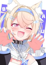 Rule 34 | 1girl, animal ear fluff, animal ears, belt collar, black collar, black jacket, blonde hair, blue hair, blue nails, blush, collar, dog ears, dog girl, dress, fur-trimmed jacket, fur trim, fuwawa abyssgard, fuwawa abyssgard (1st costume), highres, hololive, hololive english, jacket, long hair, looking at viewer, multicolored hair, nail polish, one eye closed, open mouth, pink eyes, satouno maya, smile, solo, spiked collar, spikes, streaked hair, two side up, virtual youtuber, white dress