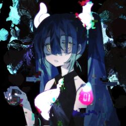 Rule 34 | 1girl, bare shoulders, black shirt, blue hair, commentary request, corrupted twitter file, creatures (company), dark background, detached arm, dusk ball, game freak, ghost miku (project voltage), glitch, glowing, hair between eyes, hand up, hatsune miku, highres, holding, holding poke ball, long hair, looking at viewer, necktie, nintendo, open mouth, pale skin, poke ball, pokemon, project voltage, shirt, sleeveless, sleeveless shirt, solo, twintails, upper body, vocaloid, white necktie, will-o&#039;-the-wisp (mythology), yellow eyes, zer0h