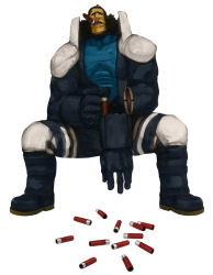 Rule 34 | 1boy, arm cannon, boots, cigar, concept art, cyborg, full body, grimace, high collar, knee pads, male focus, maxima, nona, nose, official art, reloading, shell casing, shoulder pads, sitting, snk, solo, the king of fighters, the king of fighters 2001, weapon, white background