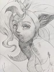 Rule 34 | 1girl, animal ears, bare shoulders, bengus, capcom, cat ears, cat girl, fangs, felicia (vampire), greyscale, hatching (texture), highres, long hair, looking at viewer, monochrome, official art, open mouth, pointy ears, simple background, slit pupils, solo, takayuki nakayama, teeth, tongue, traditional media, transparent, upper body, vampire (game), white background