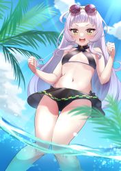 Rule 34 | 1girl, :d, absurdres, bikini, bikini skirt, black bikini, blunt bangs, blush, clenched hands, criss-cross halter, eyewear on head, feet out of frame, hair down, halterneck, highres, hololive, kujou (vallls nerla), lens flare, long hair, looking at viewer, murasaki shion, murasaki shion (hololive summer 2019), navel, ocean, open mouth, palm tree, round eyewear, short eyebrows, sidelocks, silver hair, smile, solo, stomach, summer, sunglasses, swimsuit, tree, tropical, v-shaped eyebrows, virtual youtuber, w arms, wading, yellow eyes