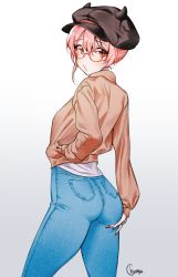 Rule 34 | 10s, 1girl, artist name, ass, bespectacled, black hat, blue pants, breasts, brown jacket, brown shirt, cabbie hat, casual, chungu, cowboy shot, denim, fingernails, from behind, glasses, gradient background, hair between eyes, hand in pocket, hand on own ass, hat, idolmaster, idolmaster cinderella girls, jacket, jeans, jougasaki mika, long sleeves, looking at viewer, looking back, nail polish, open mouth, pants, pink hair, pocket, red-framed eyewear, red nails, shirt, small breasts, solo, white shirt, yellow eyes