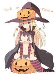 Rule 34 | 10s, 1girl, alternate costume, bikini, bismarck (kancolle), blonde hair, blue eyes, blush, boots, bow, breasts, cape, cleavage, detached sleeves, full body, hair bow, halloween, hat, highres, jack-o&#039;-lantern, kantai collection, large breasts, long hair, looking at viewer, navel, ohta yuichi, side-tie bikini bottom, simple background, solo, striped clothes, striped thighhighs, swimsuit, thighhighs, trick or treat, white background, witch hat