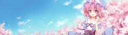 Rule 34 | 1girl, arm ribbon, bad id, bad pixiv id, blue dress, blue sky, blush, cherry blossoms, day, dress, female focus, hat, highres, long image, long sleeves, looking at viewer, mayo (miyusa), open mouth, petals, pink eyes, pink hair, ribbon, saigyouji yuyuko, sash, sky, smile, solo, touhou, tree, triangular headpiece, twig, veil, wide image, wide sleeves