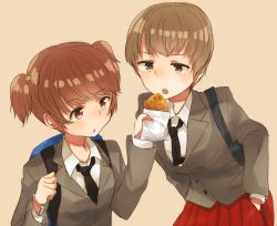 Rule 34 | 10s, 2girls, alisa (girls und panzer), arm behind back, bad id, bad pixiv id, bag, blazer, bookbag, brown background, brown eyes, brown hair, dress shirt, food, freckles, girls und panzer, grey jacket, hair ornament, hand in pocket, highres, holding, holding food, jacket, koretsuna, leaning forward, long sleeves, looking at another, looking back, loose necktie, miniskirt, multiple girls, naomi (girls und panzer), necktie, open mouth, parted lips, pleated skirt, red skirt, religious offering, school uniform, shirt, short hair, short twintails, simple background, skirt, standing, star (symbol), star hair ornament, taiyaki, twintails, very short hair, wagashi, white shirt, wing collar