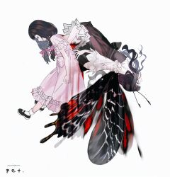 Rule 34 | 2girls, antennae, black dress, black wings, bleeding, blood, blunt bangs, bobby socks, bow, butterfly girl, butterfly wings, cocoon, detached sleeves, dress, dual persona, ecdysis, expressionless, frills, from side, full body, hair over shoulder, highres, insect wings, long hair, long sleeves, looking away, low-tied long hair, mary janes, meiling (pet), multicolored wings, multiple girls, pet (ranjou miyake), pink bow, pink dress, profile, rabbyxxx, red wings, shedding, shoes, short hair, short sleeves, sidelocks, simple background, sleepwear, socks, surprised, twintails, upside-down, wavy hair, white background, white socks, wings