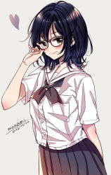 Rule 34 | 1girl, adjusting eyewear, arm behind back, artist name, black hair, black ribbon, black skirt, blush, breast pocket, brown eyes, buttons, closed mouth, commentary request, dated, glasses, grey background, hand up, heart, looking at viewer, medium hair, neck ribbon, original, pink lips, pleated skirt, pocket, ribbon, sailor collar, school uniform, shirt, short sleeves, signature, simple background, skirt, smile, solo, standing, sugano manami, white sailor collar, white shirt