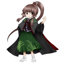 Rule 34 | 1other, androgynous, anmita (rarutos), black cape, black kimono, brown hair, cape, closed mouth, full body, green skirt, hair ornament, hand on own hip, hand up, japanese clothes, jynx (style), kimono, len&#039;en, long hair, long sleeves, other focus, personification, ponytail, red eyes, skirt, smile, socks, solo, tasouken, variant set, white socks