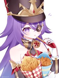 Rule 34 | 1girl, :o, bare shoulders, black hat, chevreuse (genshin impact), commentary, detached sleeves, earmuffs, earmuffs around neck, eyepatch, food, french fries, genshin impact, gloves, hat, highres, holding, holding food, kino (curry pan), mole, mole under mouth, multicolored hair, onion rings, open mouth, purple eyes, purple hair, shako cap, simple background, solo, streaked hair, upper body, white background, white gloves, white hair