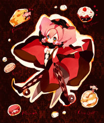 Rule 34 | 10s, 1girl, bad id, bad pixiv id, charlotte (madoka magica), cheese, cookie, cream puff, cupcake, doughnut, english text, food, french text, heart, highres, macaron, mahou shoujo madoka magica, mahou shoujo madoka magica (anime), maruino, personification, pink hair, purple eyes, solo, sprinkles, swiss cheese