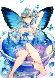 Rule 34 | 1girl, :o, absurdres, antenna hair, arm behind head, armpit crease, armpits, bare legs, bare shoulders, barefoot, blue butterfly, blue choker, blue eyes, blue flower, blue hair, blue nails, breasts, bug, butterfly, butterfly wings, choker, crossed bangs, cup, dress, eyelashes, feet, flower, food, frilled cuffs, frills, fruit, hair between eyes, heterochromia, highres, insect, insect wings, lemon, lemon slice, long hair, looking at viewer, marker (medium), medium breasts, mole, mole under eye, nail polish, nidozuke, original, panties, panty peek, partially submerged, petals, purple eyes, sitting, soles, solo, strapless, strapless dress, toes, traditional media, underwear, white background, white dress, wings, wrist cuffs