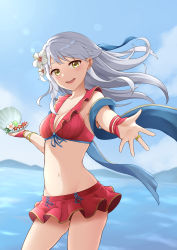 Rule 34 | 1girl, :d, absurdres, arm up, bare shoulders, bikini, blue scarf, blush, bracelet, breasts, cleavage, collarbone, fingerless gloves, fire emblem, fire emblem: radiant dawn, fire emblem heroes, foreshortening, gem, gloves, grey hair, hair ribbon, half updo, highres, holding, jewelry, long hair, looking at viewer, medium breasts, micaiah (fire emblem), micaiah (summer) (fire emblem), navel, necklace, nintendo, ocean, official alternate costume, open mouth, outstretched arm, outstretched hand, pearl (gemstone), pearl bracelet, pearl necklace, reaching, reaching towards viewer, red bikini, red gloves, ribbon, ring, scarf, seashell, shell, smile, solo, standing, swimsuit, takaneko, towel, yellow eyes