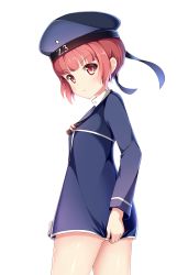 Rule 34 | 10s, 1girl, blue dress, blue ribbon, blunt bangs, blush, character name, closed mouth, clothes writing, cowboy shot, dress, dress tug, eyebrows, frown, hat, kagami (galgamesion), kantai collection, long sleeves, looking at viewer, red eyes, red hair, revision, ribbon, sailor collar, sailor hat, short dress, short hair, simple background, solo, white background, z3 max schultz (kancolle)