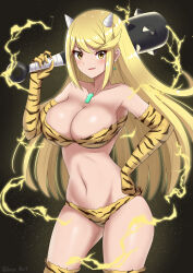 Rule 34 | 1girl, absurdres, alternate costume, animal print, bikini, blonde hair, breasts, chest jewel, cleavage, club, club (weapon), commentary request, dark background, drop earrings, earrings, elbow gloves, electricity, electrokinesis, fake horns, fang, gloves, hand on own hip, highres, holding club, horns, jewelry, kanabou, large breasts, lightning, long hair, looking at viewer, mythra (xenoblade), navel, oni horns, open mouth, ryochan96154, setsubun, simple background, smile, solo, spiked club, stomach, swept bangs, swimsuit, thighhighs, twitter username, weapon, xenoblade chronicles (series), xenoblade chronicles 2, yellow bikini, yellow eyes, yellow gloves