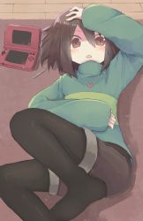 Rule 34 | black leggings, brown eyes, brown hair, brown shorts, chara (undertale), green sweater, hair between eyes, hand on own head, hand on own stomach, handheld game console, heart, heart necklace, jewelry, leggings, looking at viewer, lying, maro, necklace, nintendo ds, on floor, open mouth, pantyhose, pantyhose under shorts, pen, short hair, shorts, striped clothes, striped sweater, sweater, undertale, wooden floor