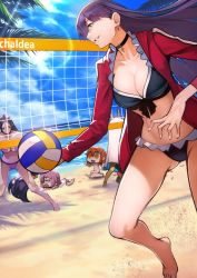 Rule 34 | 5girls, absurdres, ball, bare shoulders, barefoot, beach, bikini, black hair, blue eyes, breasts, choker, cleavage, cloud, commentary, cross, cross choker, earrings, english commentary, fate/grand order, fate (series), frilled bikini, frills, fujimaru ritsuka (female), gluteal fold, grin, hair between eyes, highres, jewelry, large breasts, long hair, martha (fate), martha (swimsuit ruler) (fate), martha (swimsuit ruler) (second ascension) (fate), mash kyrielight, minamoto no raikou (fate), multiple girls, navel, nitocris (fate), nitocris (fate/grand order), nitocris (swimsuit assassin) (fate), ocean, sand, sky, smile, swimsuit, very long hair, volleyball, volleyball (object), volleyball net, water, yoshio (55level)