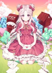 Rule 34 | 1girl, absurdres, animal, bird, blush, bow, breasts, candy, candy wrapper, closed mouth, cloud, cloudy sky, cookie run, cotton candy cookie, double bun, dress, ellet j, food, frills, grass, hair bow, hair bun, hair ornament, heart, heart-shaped pillow, heart print, highres, holding, holding letter, huge filesize, letter, long hair, mailbox (incoming mail), neck ribbon, on grass, orange sky, origami, paper, paper crane, parted bangs, pillow, pink bow, polka dot, post, postbox (outgoing mail), puffy short sleeves, puffy sleeves, red dress, red eyes, red headwear, red sky, ribbon, short sleeves, sitting, sky, solo, very long hair, white hair, yellow ribbon