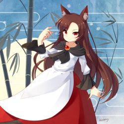Rule 34 | 1girl, animal ears, bamboo, blouse, blueberry (5959), brown hair, claws, dress, egasumi, highres, imaizumi kagerou, long hair, looking at viewer, red eyes, red skirt, shirt, skirt, smile, solo, touhou, white shirt, wolf ears