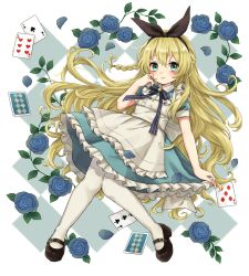 Rule 34 | 1girl, alice (alice in wonderland), alice in wonderland, blonde hair, blue dress, blue eyes, blue flower, blue rose, bow hairband, dress, flower, full body, hairband, headband, highres, long hair, looking at viewer, mary janes, pantyhose, pinafore dress, rii (pixiv11152329), rose, shoes, sleeveless dress, solo, white background, white pantyhose