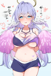 Rule 34 | 1girl, @ @, alternate costume, blue background, blue eyes, blue shorts, bouncing breasts, breasts, cheerleader, commentary request, covered erect nipples, gradient background, halo, head wings, highres, holding, holding pom poms, honkai: star rail, honkai (series), large breasts, looking at viewer, pom pom (cheerleading), pom poms, robin (honkai: star rail), shorts, solo, sweat, translation request, underboob, white wings, wings, xlyami, yellow halo