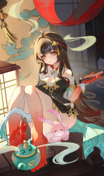 1girl absurdres barefoot black_hair blush breasts cleavage feet highres honkai:_star_rail honkai_(series) lingsha_(honkai:_star_rail) long_hair looking_at_viewer nail_polish pointy_ears soles toes yuan_zhen