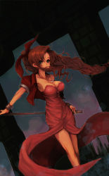 Rule 34 | 1990s (style), 1girl, aerith gainsborough, bracelet, breasts, brown hair, cleavage, cropped jacket, dress, final fantasy, final fantasy vii, jacket, jewelry, kara (color), legs, long hair, necklace, pink dress, ribbon, solo, staff