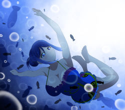 Rule 34 | 1girl, absurdres, alternate hairstyle, artist name, artist request, bare legs, bare shoulders, barefoot, blue dress, blue hair, blue skirt, blush, breasts, cleavage, collarbone, dress, feet, female focus, fish, floating, full body, hair between eyes, highres, long hair, looking at viewer, love live!, love live! sunshine!!, matsuura kanan, medium breasts, ocean, outstretched arms, parted lips, ponytail, purple eyes, short hair, skirt, smile, solo, underwater, urei you